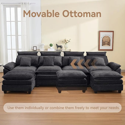 134'' Cloud Modern 4 Seater Couch with Detachable Headrest, Modular Sectional Sofa with 2 Ottoman, Oversized U Shape Chenille Comfy Sofa with Armrests for Living Room, Dark Grey