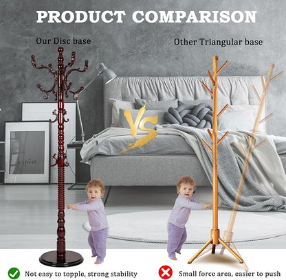 Coat Racks Free Standing with 14 Hooks, Natural Wood Coat Rack with Solid Round Base, Adjustable Height Coat Racks, Easy Assembly for Hallway, Bedroom and Office (Reddish brown)