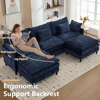 113" Chenille Modular Sectional Sofa, Convertible L Shaped Modular Sofa Comfy Cloud Couch with Ottoman, Side Pockets and 5 Throw Pillows for Living Room (Blue, 113" - 5 Seats)