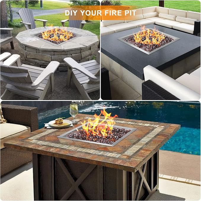 Onlyfire 18 Inch Square Fire Pit Burner Pan with Square Burner Ring – 304 Stainless Steel Drop-in Gas Fire Pit Insert for Natural Gas & Propane, 92,000 BTU, Square Flame Pattern for DIY Fire Table