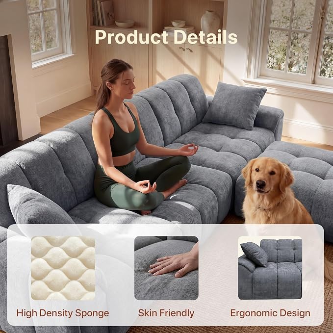 Claiks 118" Modern Boneless Couch, Corduroy Modular Cloud Sofa for Living Room, Deep Seat Sectional with Movable Ottoman, No Assembly Required, Dark Grey