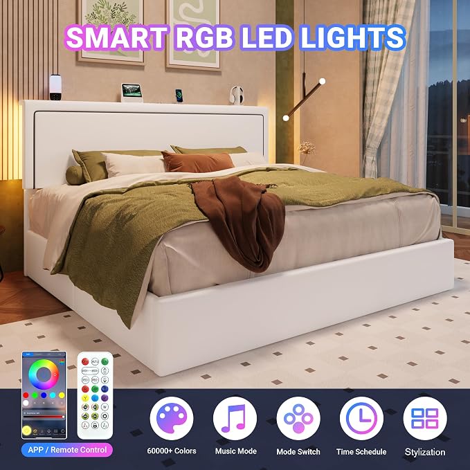 Allewie King Size Lift Up Storage Bed Frame with Charging Station & LED Lights, Adjustable Velvet Upholstered Storage Headboard, Type-C & USB Ports, Hydraulic Support, No Box Spring Needed, White