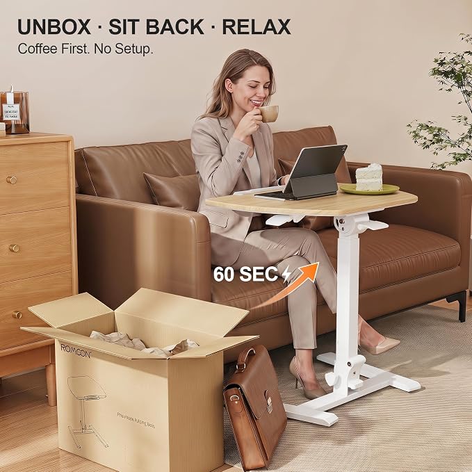 ROMOON Foldable Small Standing Desk with No-Assembly Design, Rolling Height-Adjustable Sit-Stand Table with Wheels, Space-Saving Portable Laptop Cart for Home Office and Small Space (Natural Oak)