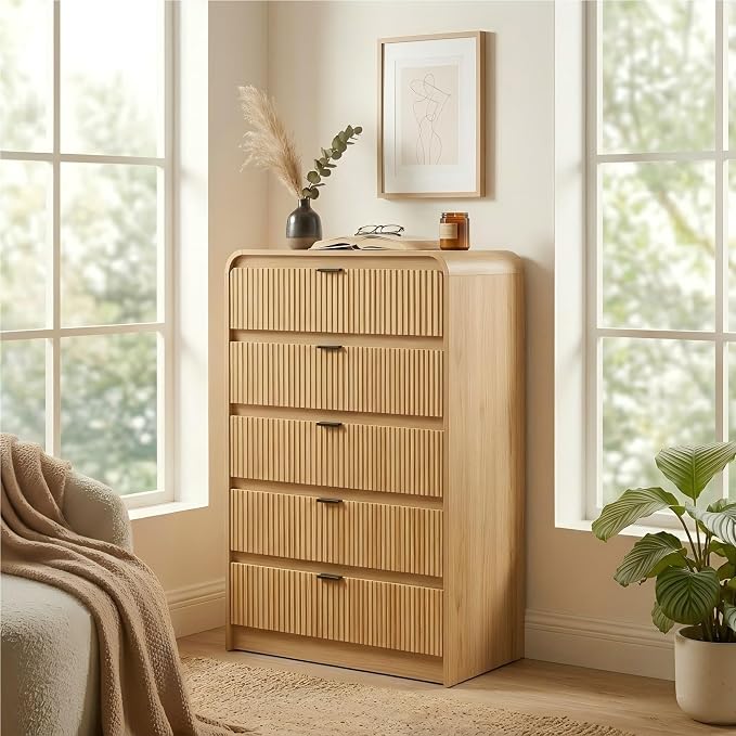 FURSUN Fluted 5 Drawers Dresser for Bedroom, 48" Tall Wooden Modern Dresser with Metal Handle, Curved Profile Design, Storage Organizer for Bedroom, Living Room, Hallway, Natural Oak