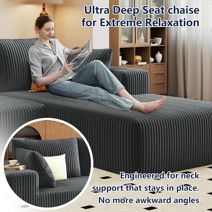 96" Modular Sectional Sofa, Modern Corduroy Cloud Couch with Deep Seat, Boneless Couch Upholstered 3-Seater L-Shaped Sofa for Living Room, No Assembly Required (Dark Grey, Right-Facing Chaise)