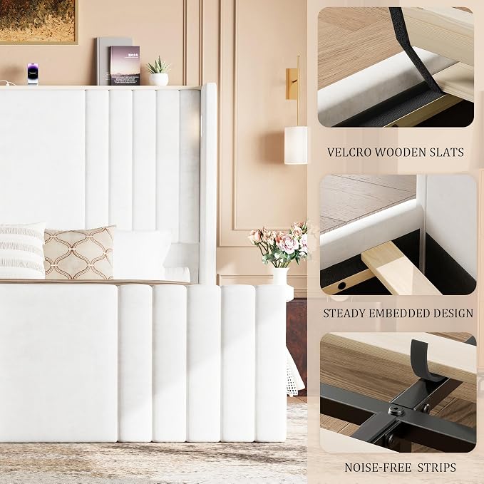 Queen Bed Frame with 55.1" Tall Headboard, Velvet Upholstered Platform Bed with Channel Tufted Wingback, 2 Reading Lights/Storage Shelf/Charging Station/Easy Assembly/Noise-Free, Cream