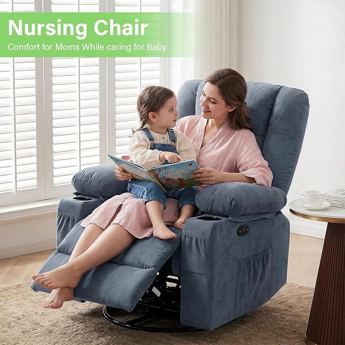 BOSMILLER 360° Swivel Rocker Recliner Chair for Adults,Oversized Recliner Chair with Massage and Heating, Manual Nursery Glider Recliner with Cup Holder and Side Pocket for Living Room, Bedroom