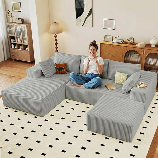 95" Cloud Sectional Couch U-Shaped Chaise with Ottoman, Corduroy Boneless Couch for Living Room Bedroom, Deep-Seat Upholstered Modular Cloud Sofa, No Assembly Required (Light Grey, Left Facing Chaise)