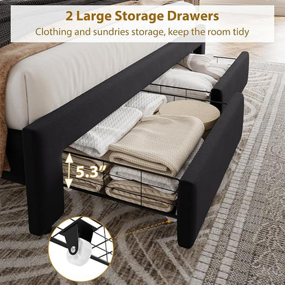 GarveeHome King Size Bed Frame with Storage Drawers — Velvet Upholstered Platform Bed with Vintage Headboard, Wooden Slat Support, Noise-Free, No Box Spring Needed, Black