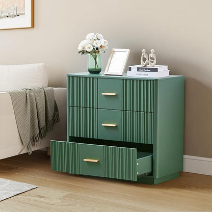 Fluted Dresser for Bedroom with 3 Drawers, 31.5" Wide Modern Chest of Drawers with Curved Profile Design, Wood Closet Clothes Storage Organizer for Living Room, Entryway, Hallway, Green