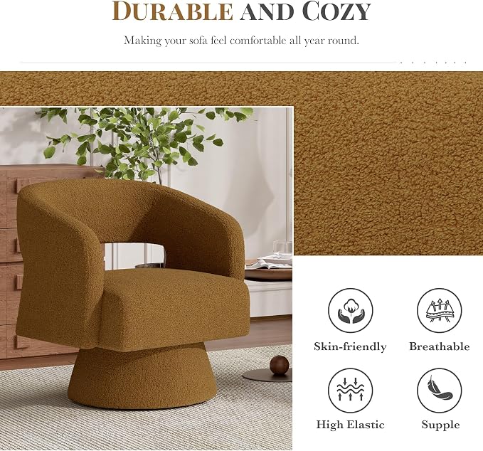 Luxanimarion Swivel Barrel Accent Chair,Oversized Teddy Upholstered Round Swivel Chair,Modern Luxury 360 Degree Living Room Vanity Chair for Bedroom Office,Brown,4PCS