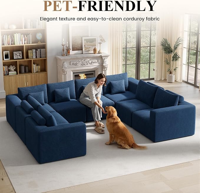Modern U Shaped Modular Sectional Sofa, Convertible Oversized Cloud Couches for Living Room, Comfy 8 Seater Corduroy Boneless Couch Sofa Set, No Assembly Required, Beige 1 PCS