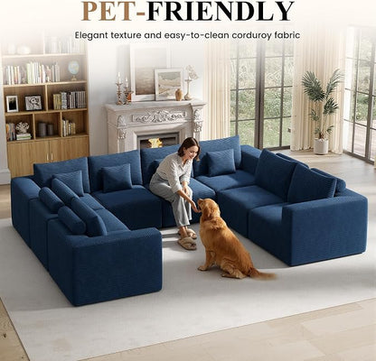 Modern U Shaped Modular Sectional Sofa, Convertible Oversized Cloud Couches for Living Room, Comfy 8 Seater Corduroy Boneless Couch Sofa Set, No Assembly Required, Beige 1 PCS