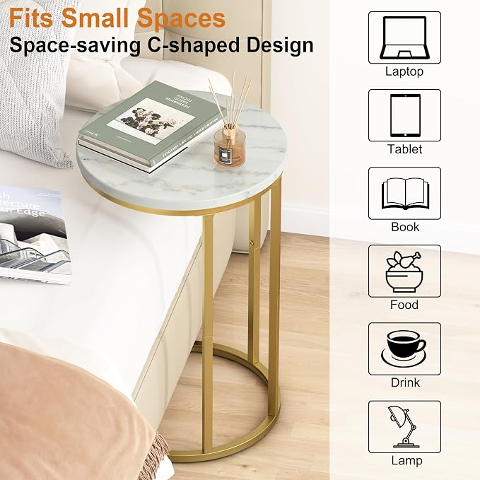 Function Home C Table End Table, Marble C Shaped Sofa Side Table, Couch Tables that Slide Under, Snack Accent Table for Living Room Bedroom Small Space, Marble Top and Gold Metal Frame