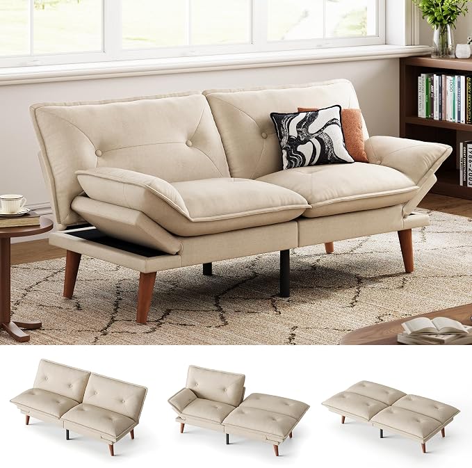 LINSY HOME Futon Sofa Bed, 70" Chenille Futon Couch with Adjustable Backrest Armrest, 3 in 1 Convertible Comfy Loveseat Sleeper Sofa Bed for Small Spaces Dorm Room Apartment Home Office(Khaki)