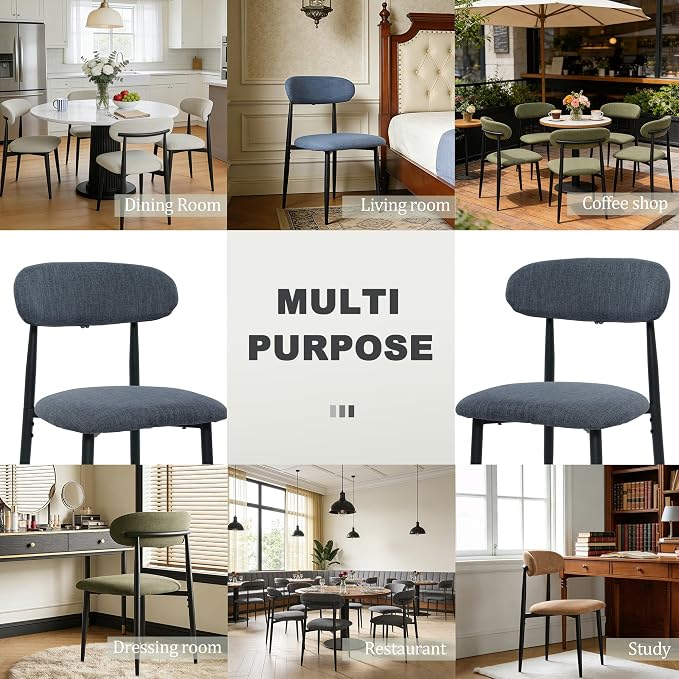 FREKEN Modern Upholstered Dining Chairs Set of 2, Mid-Century Metal Frame Linen Fabric Side Chair for Kitchen Dining Room, 350lbs Capacity, Grey
