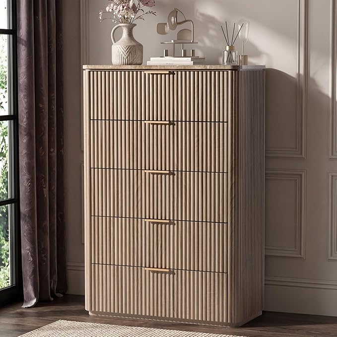 Dresser for Bedroom with 5 Drawers, 46"H Chest of Drawers, Fluted Dresser with Faux Marble Top, Curved Profile Design, Metal Handle, Wood Closet Storage Organizer for Living Room, Hallway, Natural Oak