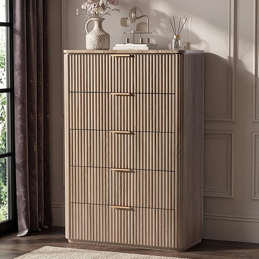 Dresser for Bedroom with 5 Drawers, 46"H Chest of Drawers, Fluted Dresser with Faux Marble Top, Curved Profile Design, Metal Handle, Wood Closet Storage Organizer for Living Room, Hallway, Natural Oak
