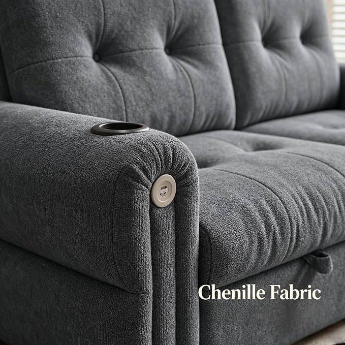 Convertible Couches, Queen Size Pull Out Sofa Bed with USB Charging Port and Cup Holders, Chenille Fabric Convertible Sofa Bed for Small Space, Living Room, Apartment, Guest Room, Dark Grey