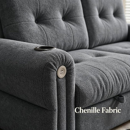 Convertible Couches, Queen Size Pull Out Sofa Bed with USB Charging Port and Cup Holders, Chenille Fabric Convertible Sofa Bed for Small Space, Living Room, Apartment, Guest Room, Dark Grey