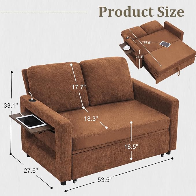 3 in 1 Folding Convertible Sleeper Sofa Bed Pull Out Couch with Side Pockets USB Port Side Table Loveseat Sofa Bed with Adjustable Backrest for Living Room Bedroom 66" Orange 2 SEAT