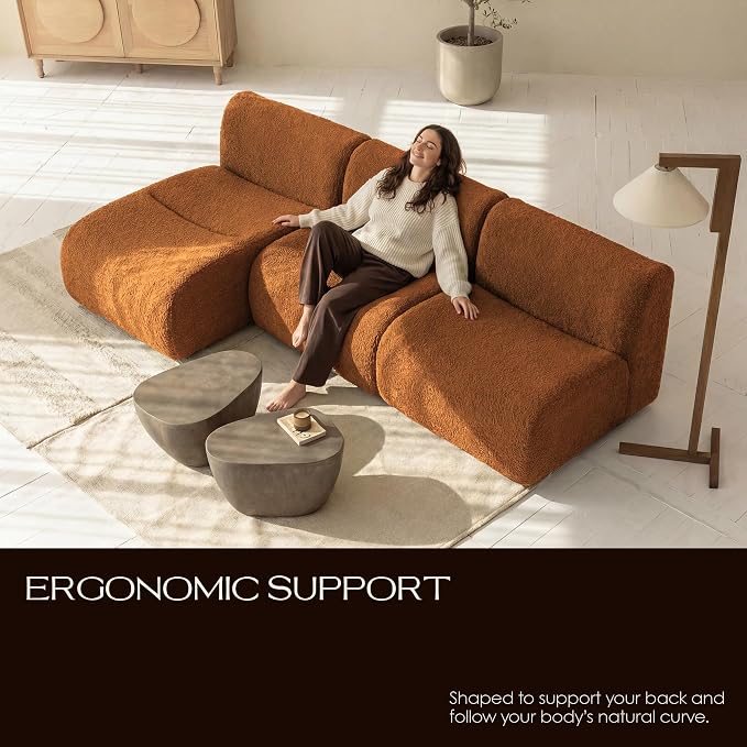 34" Curved Single Sofa Chair, Foam Boneless Sherpa Couch with Deep Seat, Comfy Teddy Sofas for Living Room, Bedroom, Apartment, Modern Sectional Modular Couches – No Assembly, Brown