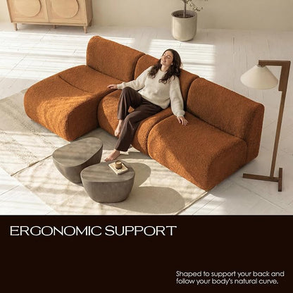 34" Curved Single Sofa Chair, Foam Boneless Sherpa Couch with Deep Seat, Comfy Teddy Sofas for Living Room, Bedroom, Apartment, Modern Sectional Modular Couches – No Assembly, Brown