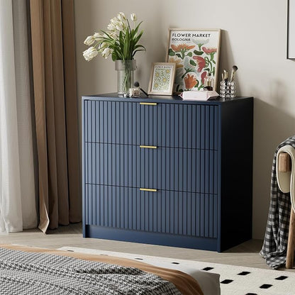 Furniway Navy Blue Dresser for Bedroom, Modern Dresser with 3 Drawers and Smooth Slides, Wide Chest of Drawers with Golden Handles for Bedroom, Living Room, Closet, 15.7" D x 31.5" W x 29.6" H