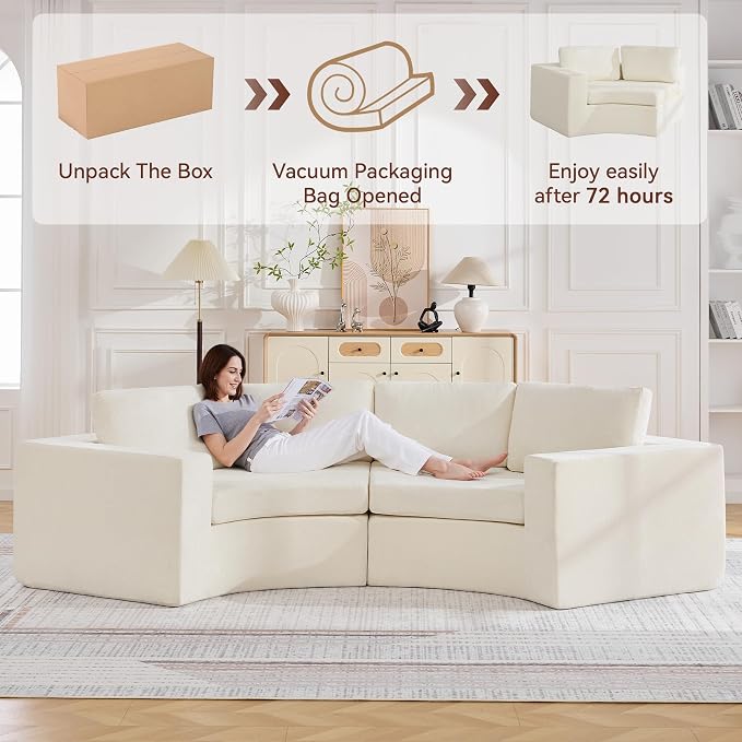 WUTUTUEE 119'' Curved Round Boneless Sofa, Oversized Modular Sectional Sofa with Deep Seat & Arms, Chenille Memory Foam Sofa with Pillows, Upholstered Comfy 4 Seat Couch for Living Room, White