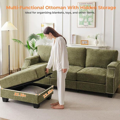 Rexulqo 85'' L Shaped Couch with Armrest Organizer,Comfy 3 Seats Sofa with Storage Ottoman,Chenille Sectional Couches for Living Room,Bedroom,Apartment,Sofa Set with Oversized Chair,Green