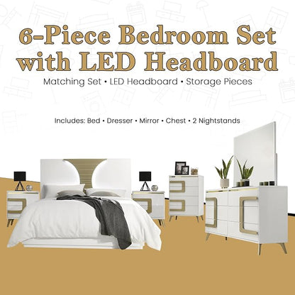 Kings Brand Furniture Claire 6-Piece Queen Size Bedroom Set - Bed with LED Headboard, Dresser, Mirror, Chest and 2 Nightstands, White/Gold