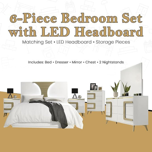 Kings Brand Furniture Claire 6-Piece Queen Size Bedroom Set - Bed with LED Headboard, Dresser, Mirror, Chest and 2 Nightstands, White/Gold