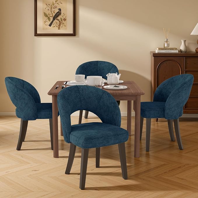 Dining Chairs Set of 6, Mid Century Modern Dining Chairs with Solid Wood Legs, Curved Back Kitchen Chair Farmhouse Side Upholstered Chairs for Kitchen Dining Room, Blue