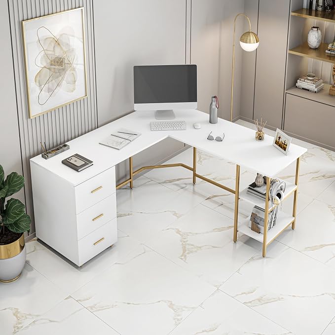 Techni Mobili L Shaped Desk - Two-Toned Computer Desk with Drawers & Storage Shelves - Simple Modern Furniture & Home Office Space Corner Table for Work & Writing | 59" two‑tone L‑shaped desk with storage shelves, durable frame, modern corner workstati...
