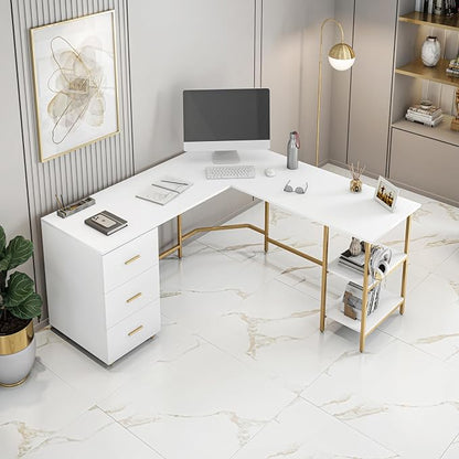 Techni Mobili L Shaped Desk - Two-Toned Computer Desk with Drawers & Storage Shelves - Simple Modern Furniture & Home Office Space Corner Table for Work & Writing | 59" two‑tone L‑shaped desk with storage shelves, durable frame, modern corner workstati...