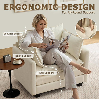 Modular Sectional Sofa Cloud Couch, Deep Seat Washable Chenille Fabric Sofa with Throw Pillows, Singel Seat Modern Couches for Living Room Bedroom Apartment, Beige