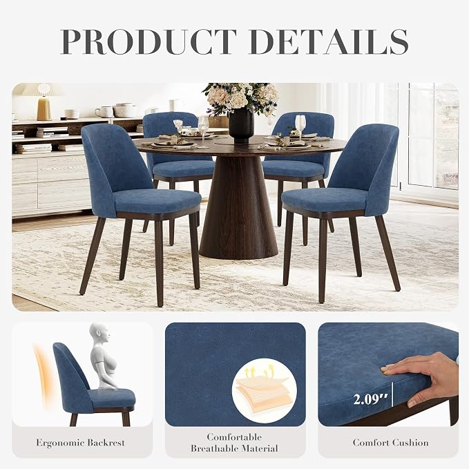 COLAMY Upholstered Dining Chairs Set of 6, Modern Kitchen Chairs with Back, Leather Side Dining Room Chairs with Wood Legs for Kitchen Dining Room Restaurant, Blue