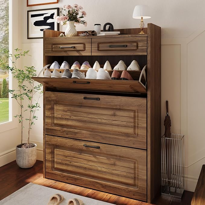 Shoe Cabinet with 3 Large Flip Drawers and 2 Storage Drawers, Narrow Shoe Organizer Cabinet Fits for Kinds of Shoes, Slim Shoe Storage Cabinet for Entryway, Hallway, Walnut