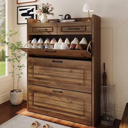 Shoe Cabinet with 3 Large Flip Drawers and 2 Storage Drawers, Narrow Shoe Organizer Cabinet Fits for Kinds of Shoes, Slim Shoe Storage Cabinet for Entryway, Hallway, Walnut