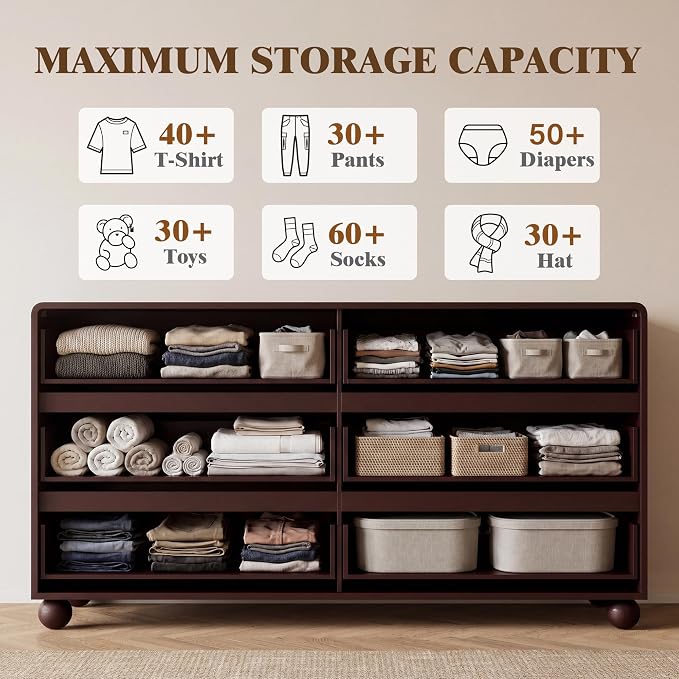 Furniway 3 Piece Bedroom Set, 6 Drawer Dresser and 2 Drawer Nightstand Set of 2 with Round Legs, Modern Wood Chest of Drawers Storage Cabinet for Bedroom, Brown