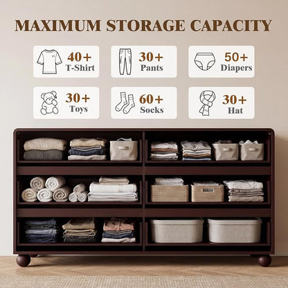 Furniway 3 Piece Bedroom Set, 6 Drawer Dresser and 2 Drawer Nightstand Set of 2 with Round Legs, Modern Wood Chest of Drawers Storage Cabinet for Bedroom, Brown