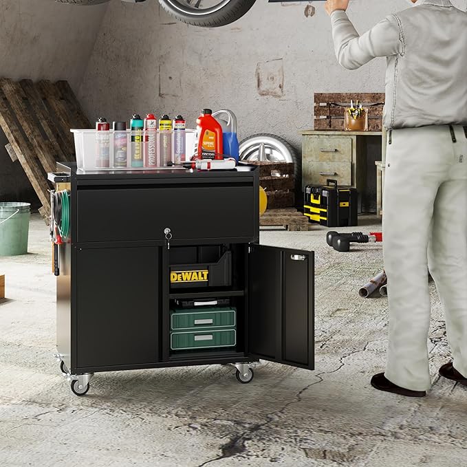 Reemoon 35" H Metal Garage Storage Cabinet on Wheels,1Drawer Tool Storage Cabinet with Pegboard and 4 Hooks for Garage, Home, Office,Assembly Required,Black