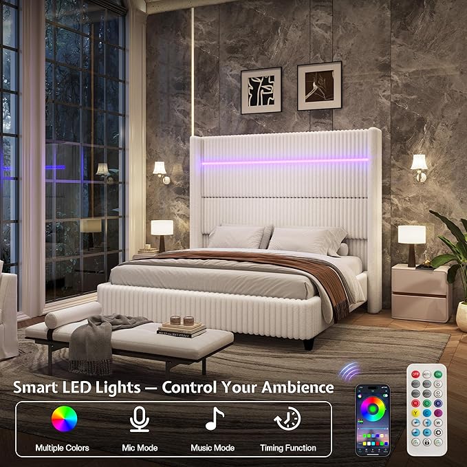 Jocisland King Bed Frame Faux-Fur Upholstered 60" Tall Headboard, White | Wingback Headboard, LED lights, USB Charging, Noise-free, No box spring needed, easy assembly, for Master Bedroom