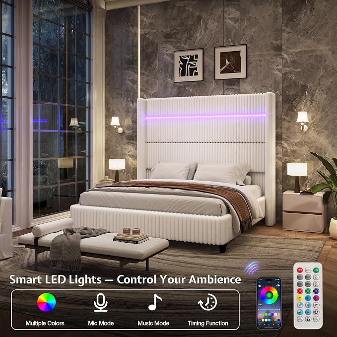 Jocisland Queen Bed Frame Faux-Fur Upholstered 60" Tall Headboard, White | Wingback Headboard, LED lights,USB Charging, Noise-free, No box spring needed, easy assembly, for Couples & Guest Room