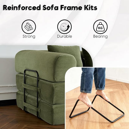 ZEIINPA 59“ Convertible Floor Sofa Bed, 5-in-1 Futon Sofa Bed Pull Out Sleeper Couch, Modern Corduroy Compressed Loveseat, Modular Boneless Couches for Living Room, No Assembly Required, Green