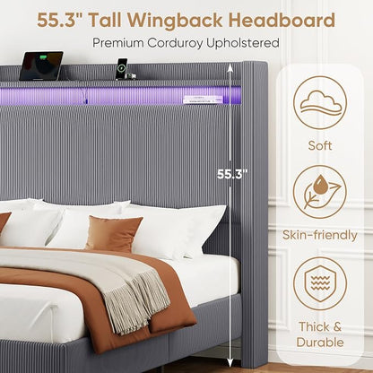 King Bed Frame with 55.3" Tall Headboard, Corduroy Upholstered Platform Bed with LED Lights & Charging Station, Wingback Storage Headboard, Solid Wood Slats,Noise Free,No Box Spring Needed,Dark Grey