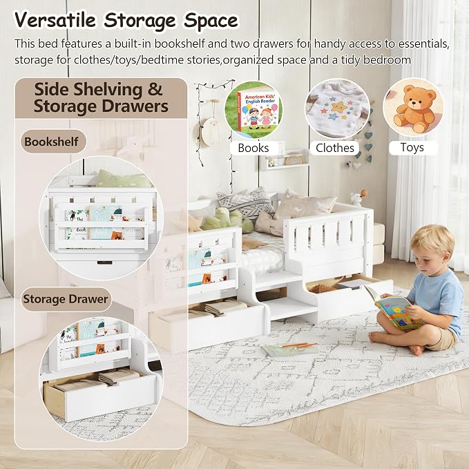 Bellemave Twin Size Kids Montessori Bed with Stairs and Bookshelf,Solid Wood Twin Size Kids Bed Frame with Drawers and Storage for Girls Boys,Low-Profile,White