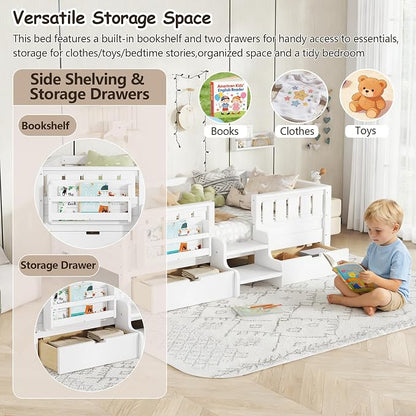 Bellemave Twin Size Kids Montessori Bed with Stairs and Bookshelf,Solid Wood Twin Size Kids Bed Frame with Drawers and Storage for Girls Boys,Low-Profile,White