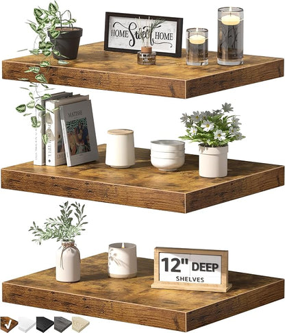 QEEIG 12" Deep Floating Shelves for Wall - 12 x 16 inch Book Shelf Bathroom Bedroom Kitchen Living Room Hanging Bookshelf Farmhouse Set of 3, Brown (026-40BN3)