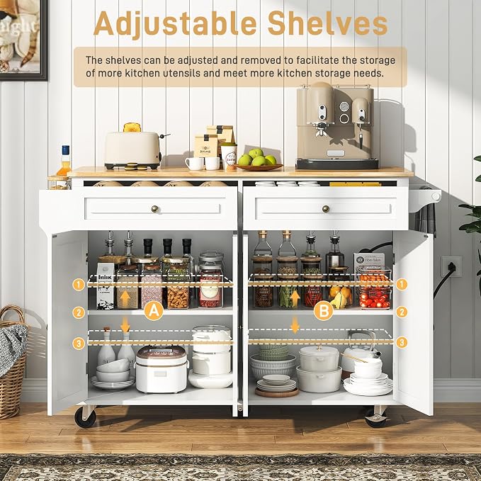 Hlivelood 55" Movable Kitchen Island with Drop Leaf and Power Outlet, Rolling Island Cart w/Storage Cabinet, Island Table on Wheels for Kitchen w/2 Drawers, Spice Rack, Towel Bar, Garage Hook, White